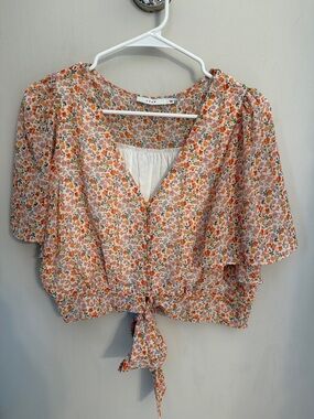 Lush Orange Pink Floral Tie-Front Crop Top